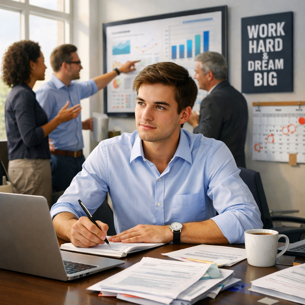 A newly graduated young professional sits at a modern office desk surrounded by paperwork and a laptop The room is bright with large windows allowing
